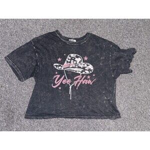 Yee Haw Cowgirl Mineral Black And Pink Long Crop Top T-shirt Medium